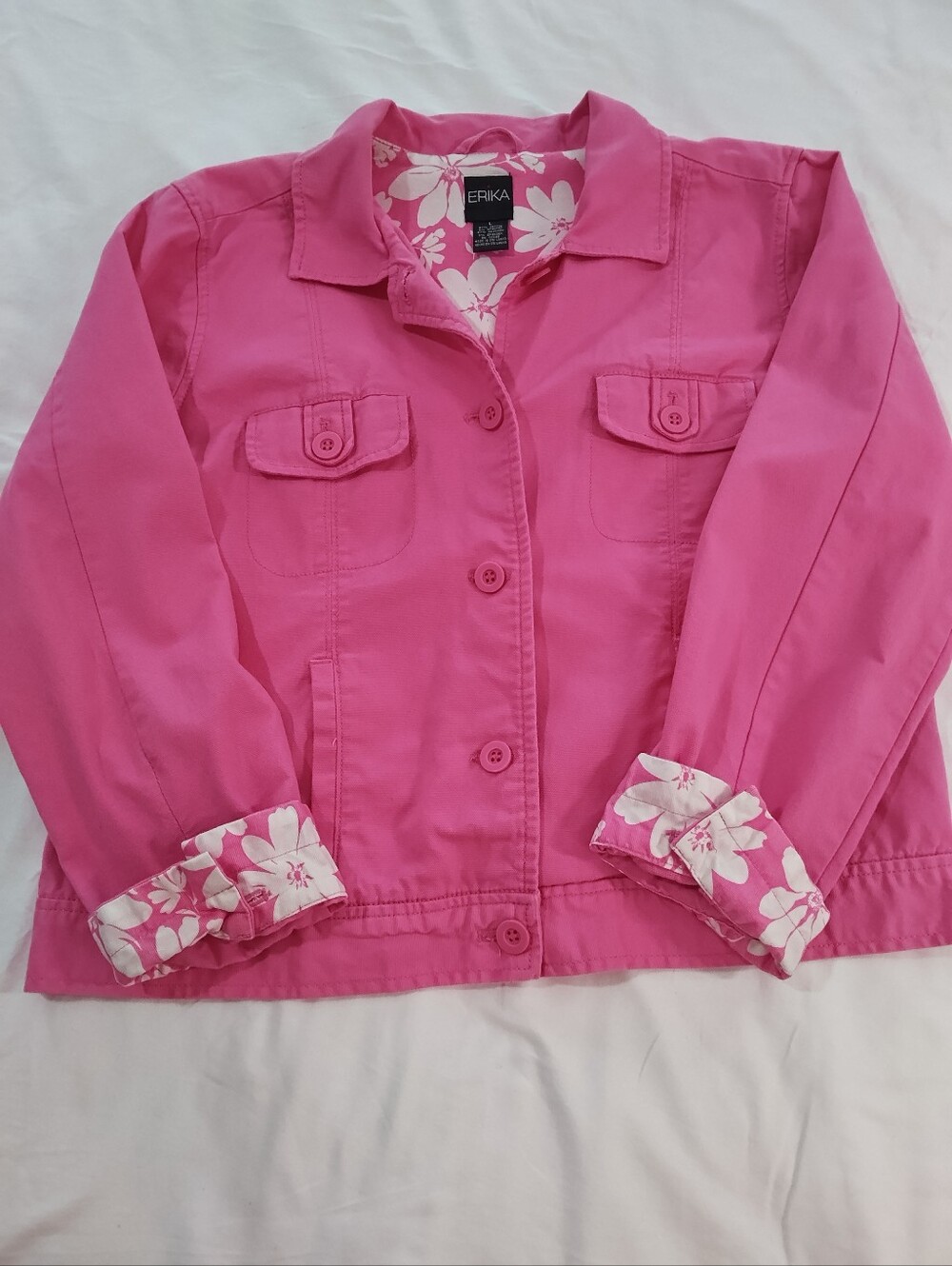 Erika Pink Cotton Blend Jean Jacket Style Jacket w/Floral Flip Back Cuffs, Sz L